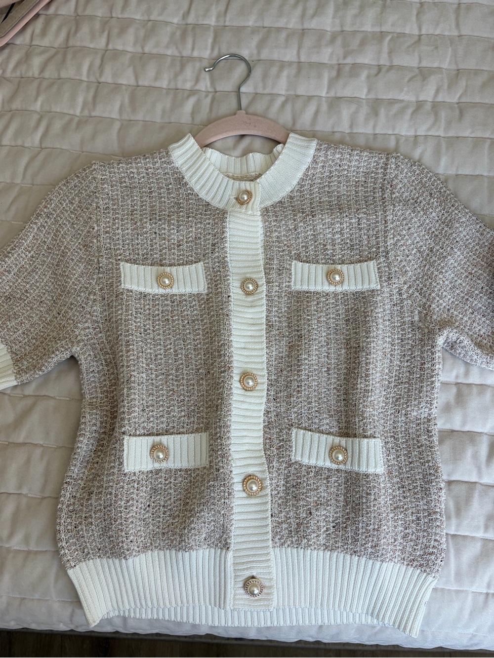 Short sleeve Neutral Beige & Cream Knit Button-Down Cardigan Top